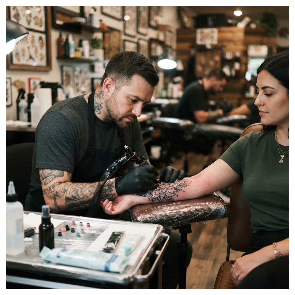 Rick Marquez tattooing a client's forearm at Coast 2 Coast Tattoo in Clarksville, TN