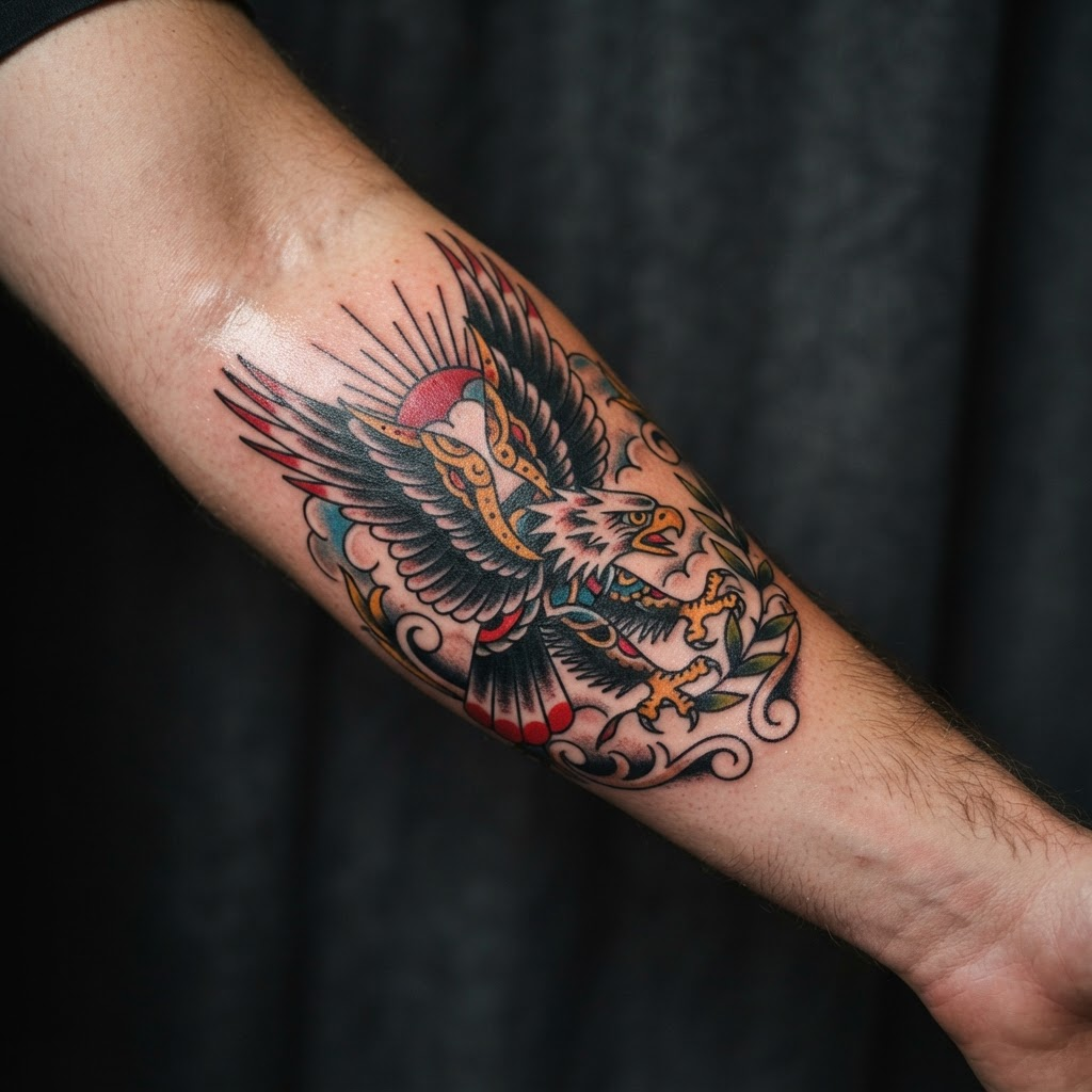 Bold color traditional eagle tattoo on a forearm